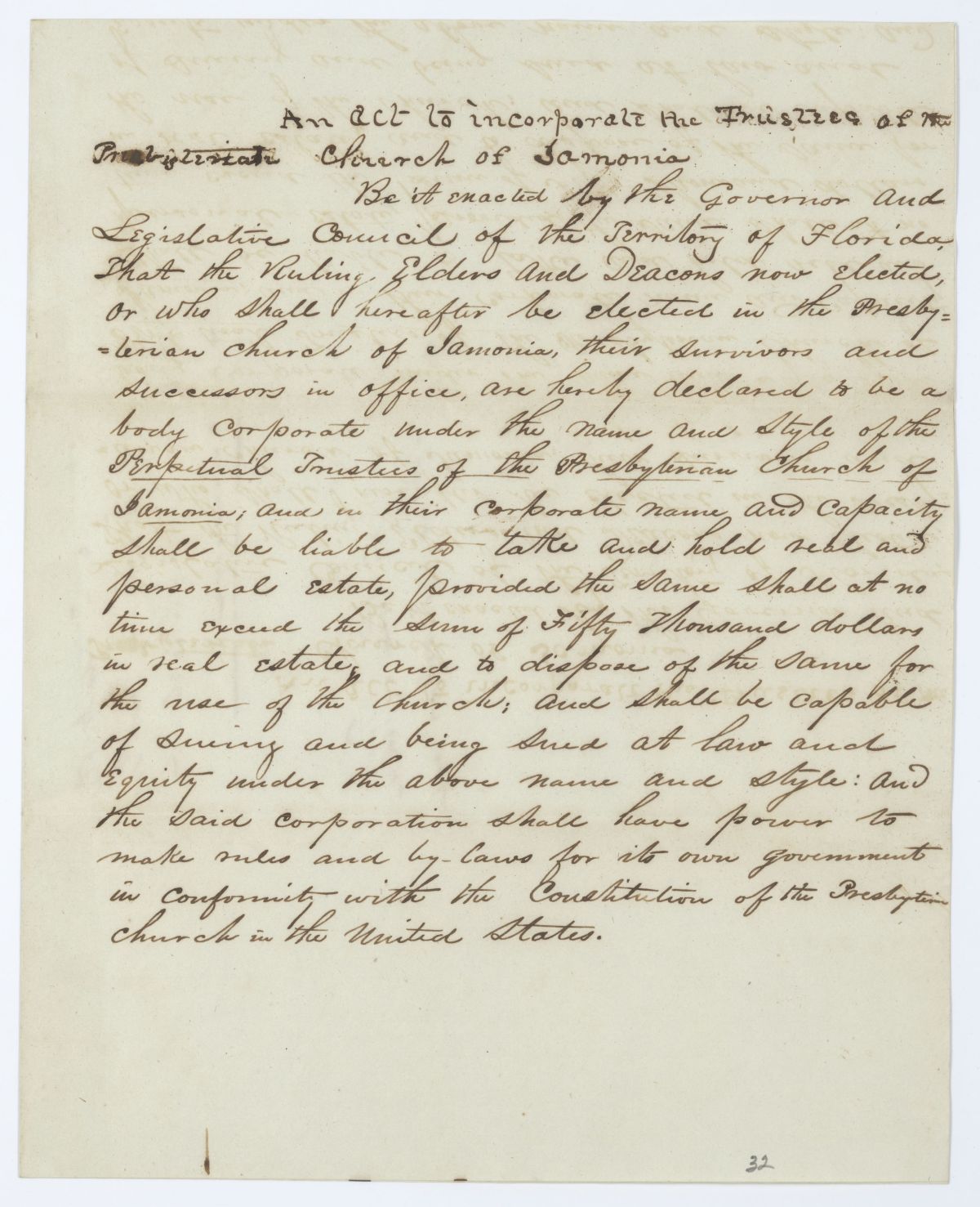 Draft of an Act to Incorporate the Trustees of the Presbyterian Church of Iamonia, 1844