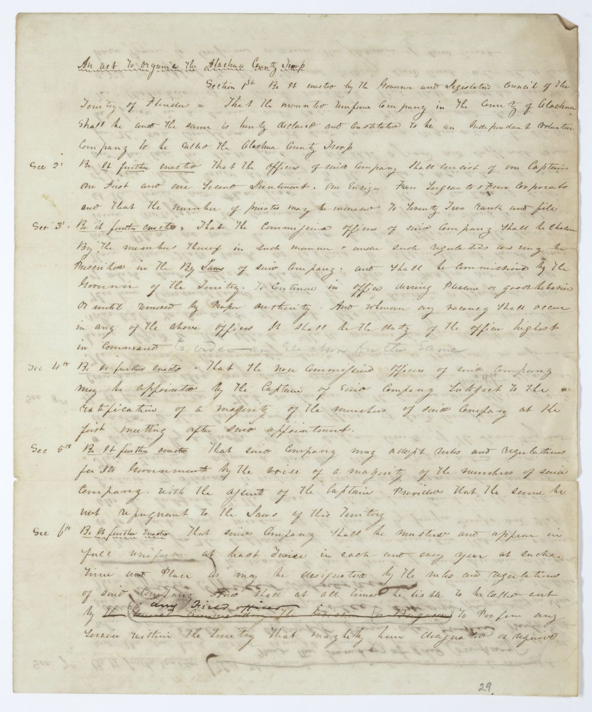 Draft of an Act to Organize the Alachua County Troop, 1844