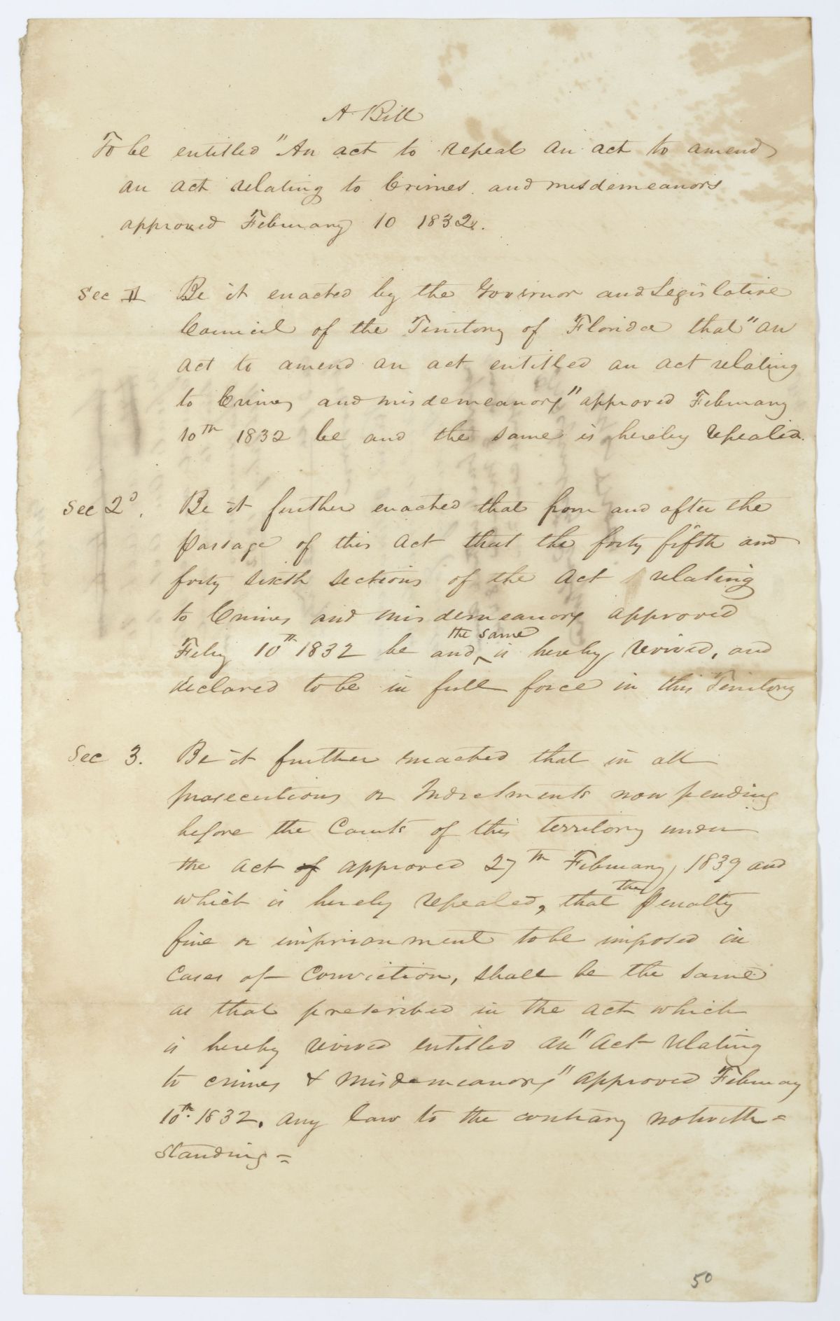 Draft of an Act to Repeal an Act to Amend an Act Relating to Crimes and Misdemeanors, 1844