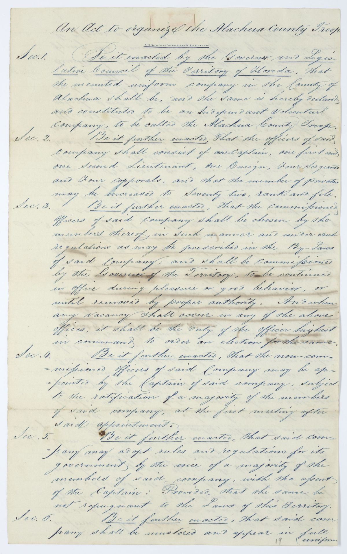 Draft of an Act to Organize the Alachua County Troop, 1844