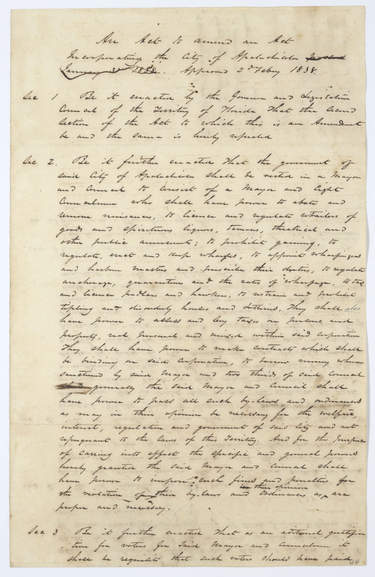 Draft of an Act Amending an Act Incorporating the City of Apalachicola, circa 1844