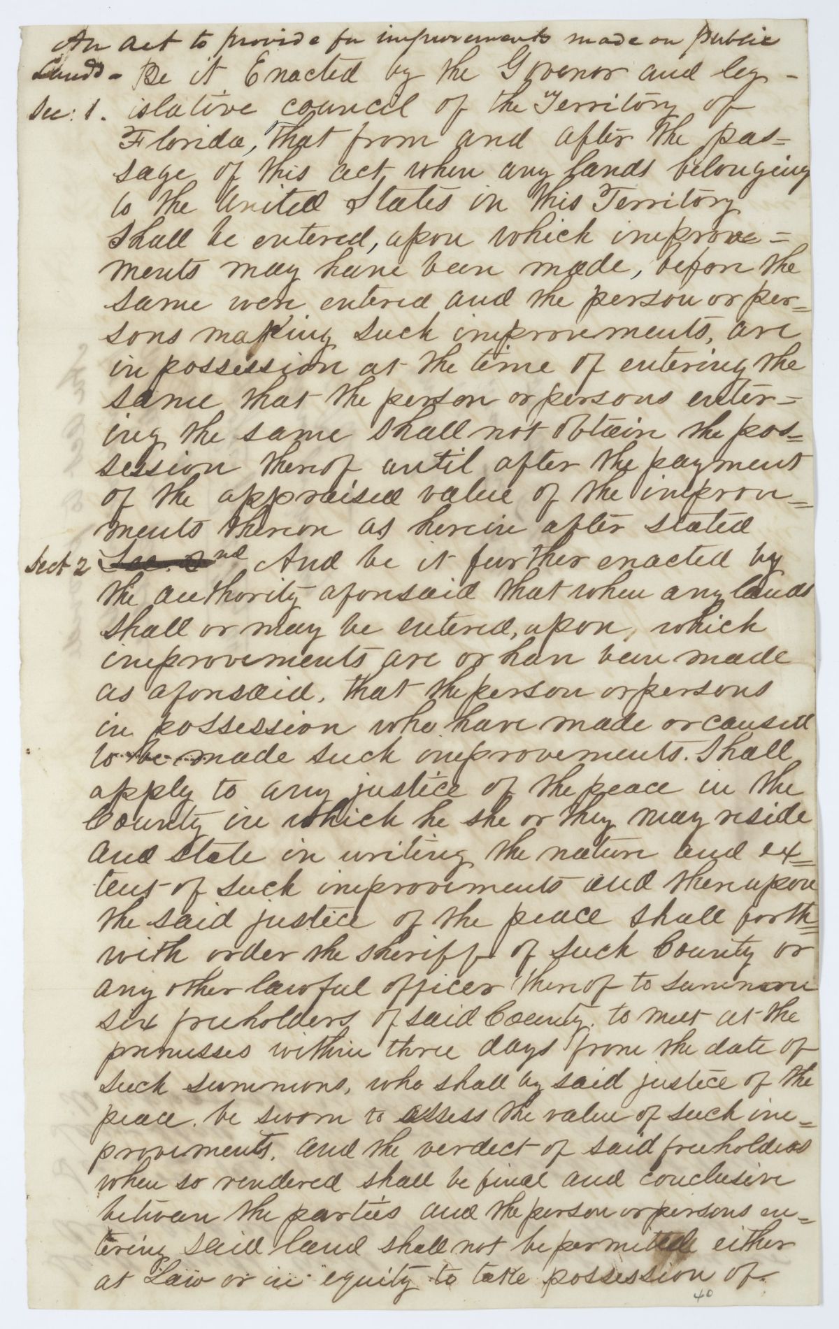 Draft of an Act to Provide for Improvements Made on Public Lands, 1844