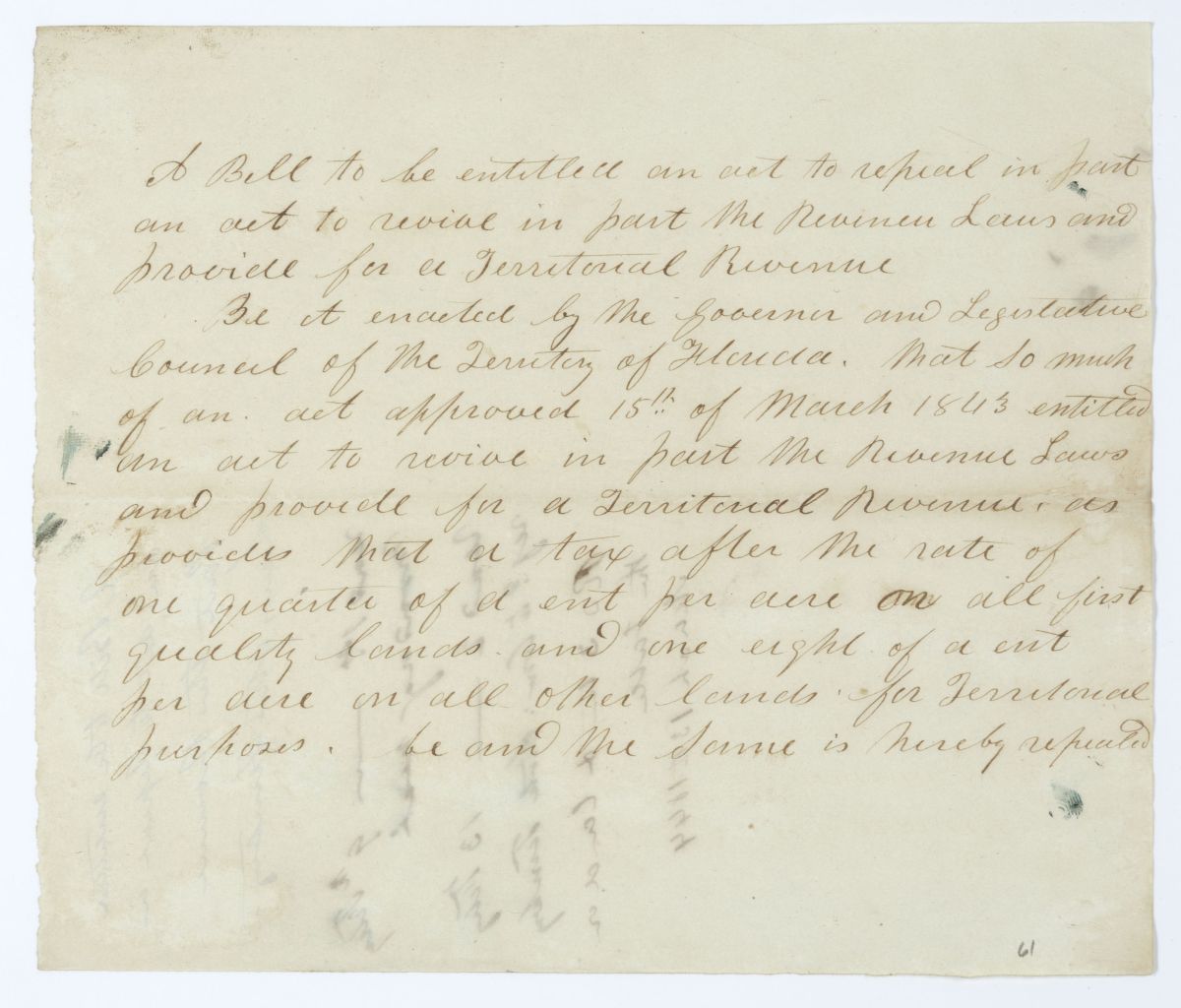 Draft of an Act to Repeal in Part an Act to Revive in Part the Revenue Laws and Provide for a Territorial Revenue, 1844