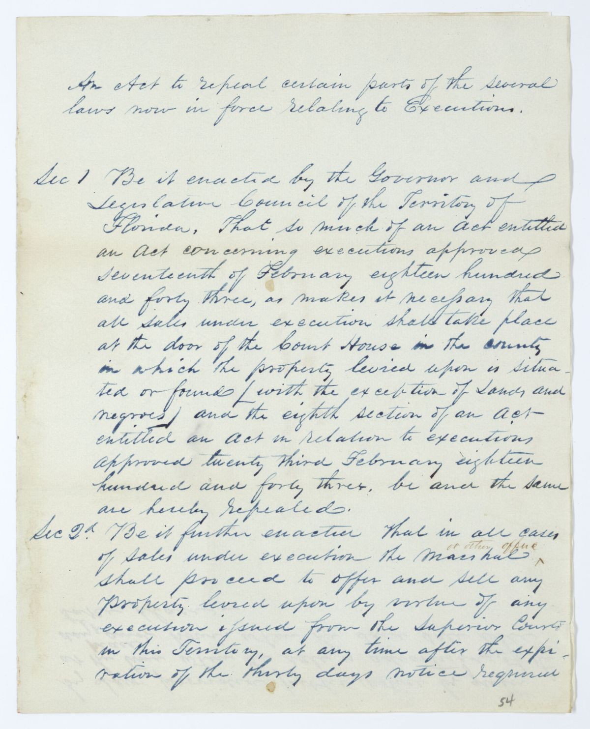 Draft of an Act to Repeal Certain Parts of the Several Laws Now in Force Relating to Executions, 1844