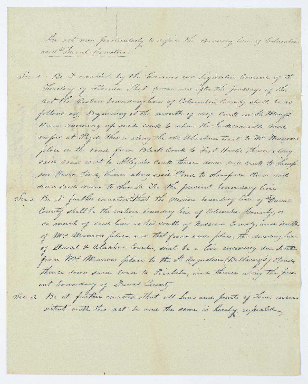 Draft of an Act to Define More Particularly the Boundary Lines of Columbia and Duval Counties, 1844