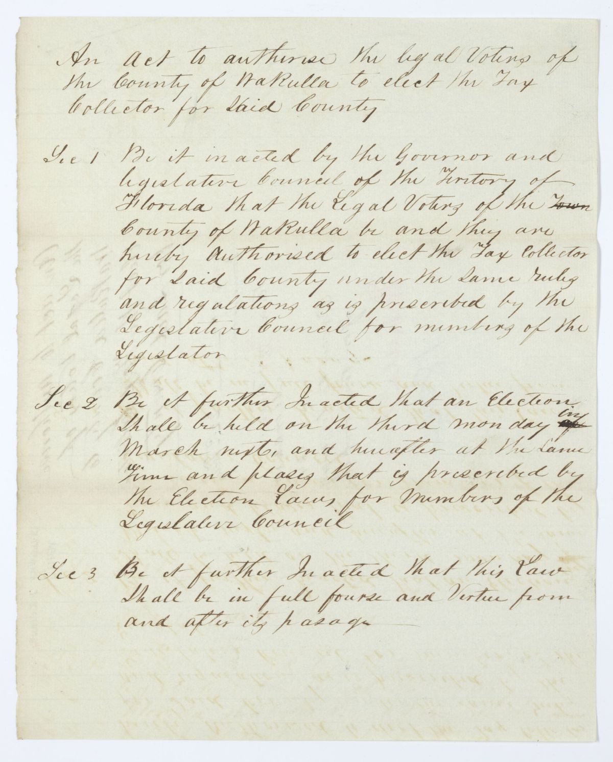 Draft of an Act to Authorize the Legal Voters of Wakulla County to Elect the Tax Collector, circa 1844