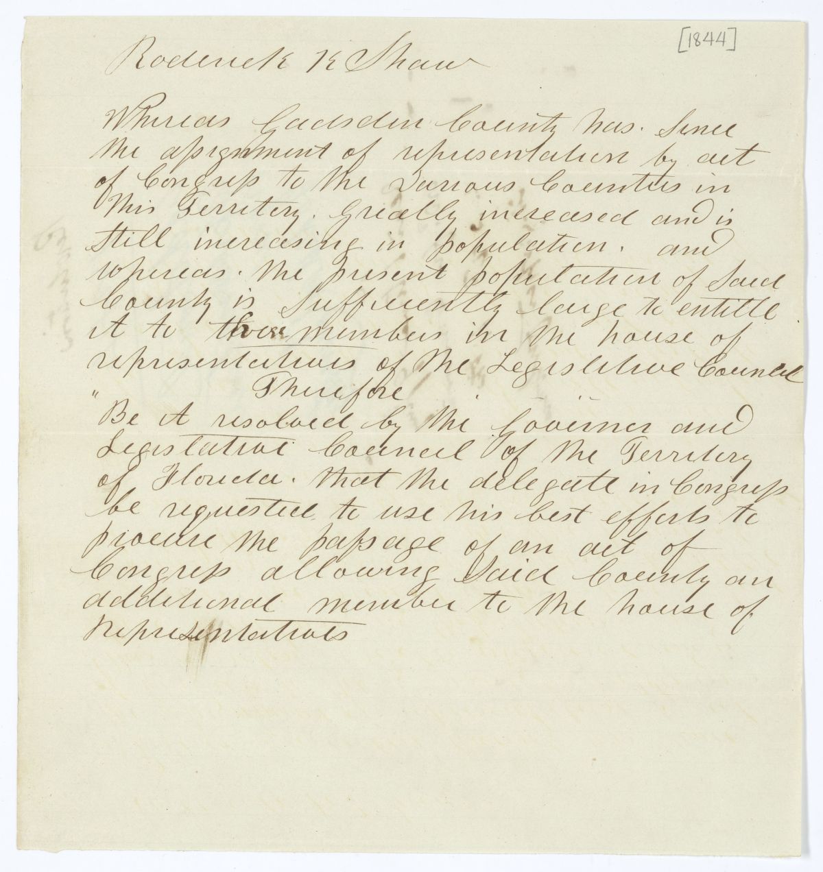 Resolution Directing the Florida Delegate in Congress to Procure an Act Allowing Gadsden County Additional Representation, circa 1844