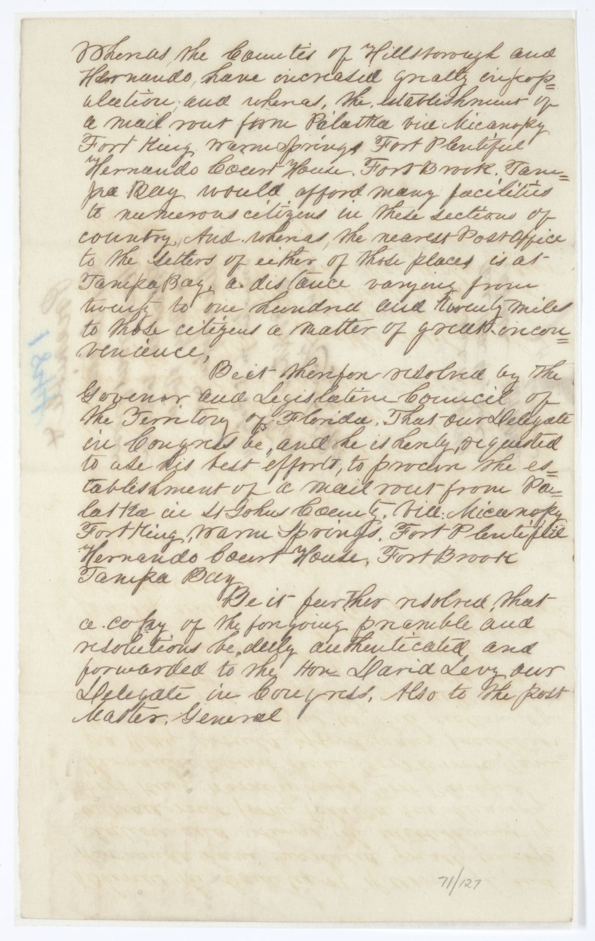 Resolution Directing the Florida Delegate in Congress to Lobby for a Mail Route from Palatka to Tampa Bay, 1844