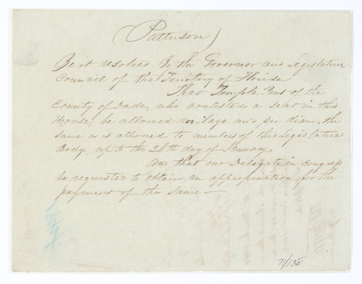 Resolution Directing the Florida Delegate in Congress to Procure an Appropriation for Mileage and Per Diem for Temple Pent, 1844