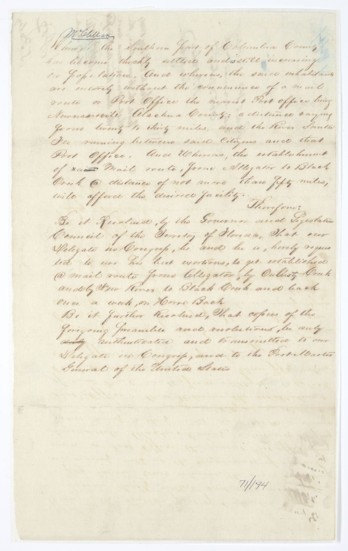 Resolution Directing the Florida Delegate in Congress to Lobby for a Mail Route Between Alligator and Black Creek, 1844