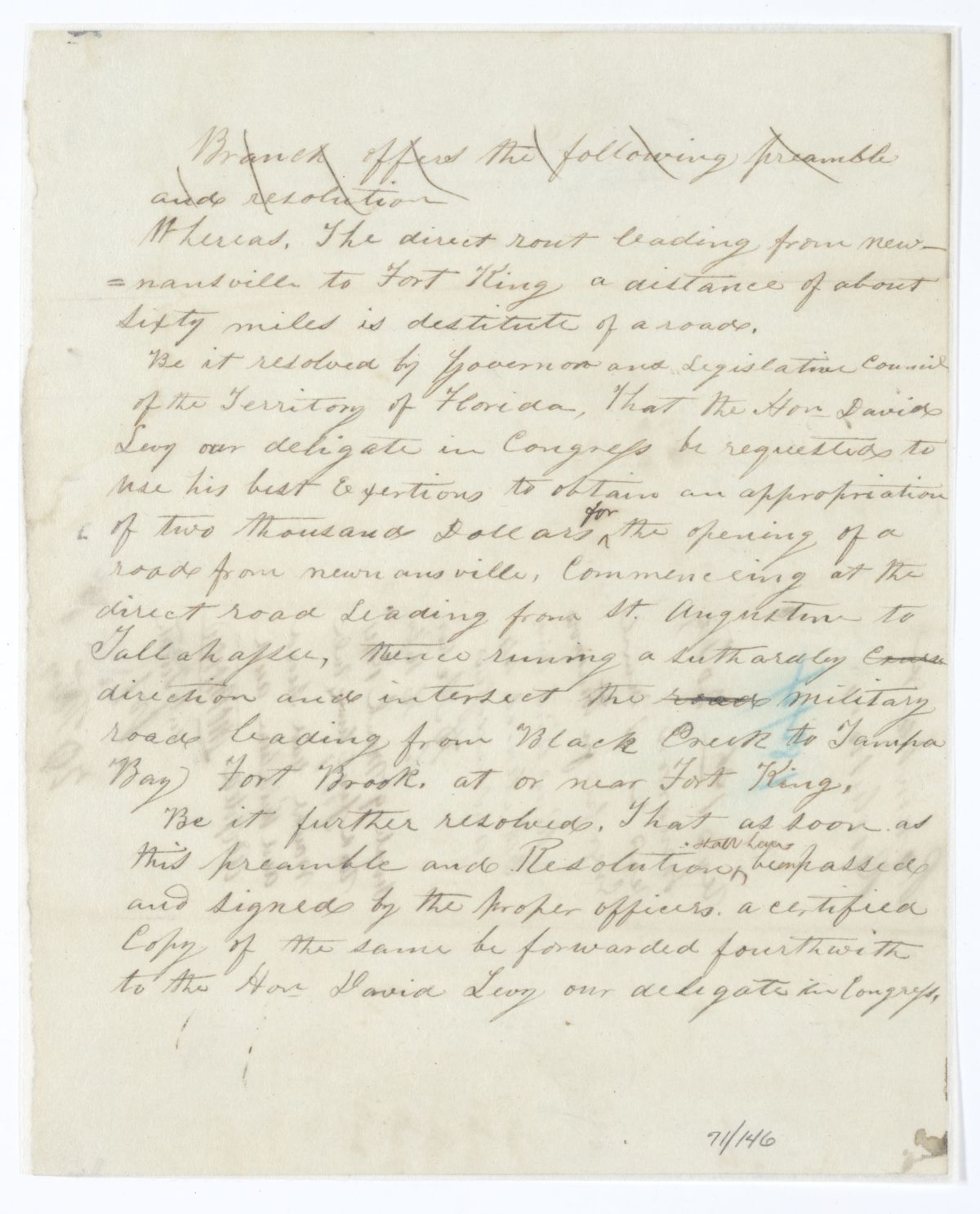 Resolution Directing the Florida Delegate in Congress to Procure an Appropriation for a Road from Newnansville to Fort King, 1844