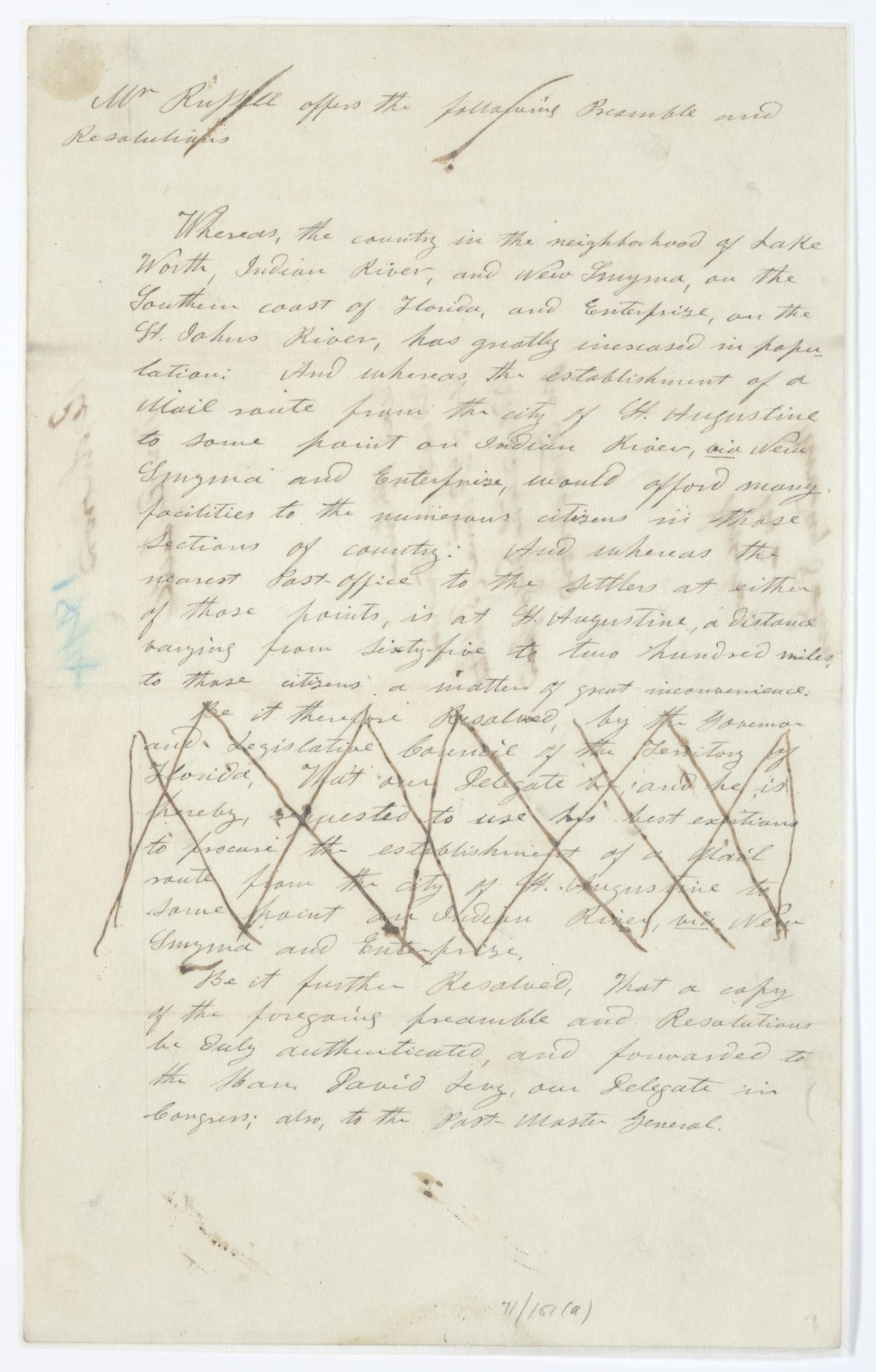 Resolution Directing the Florida Delegate in Congress to Lobby for a Mail Route from Saint Augustine to Some Point on Indian River, circa 1844