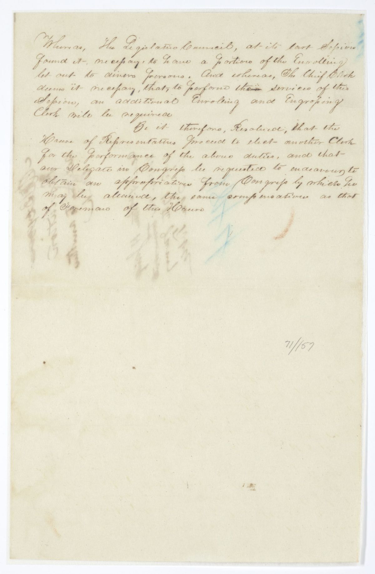 Resolution Directing the Florida Delegate in Congress to Procure an Appropriation for an Additional Enrolling Clerk, circa 1844