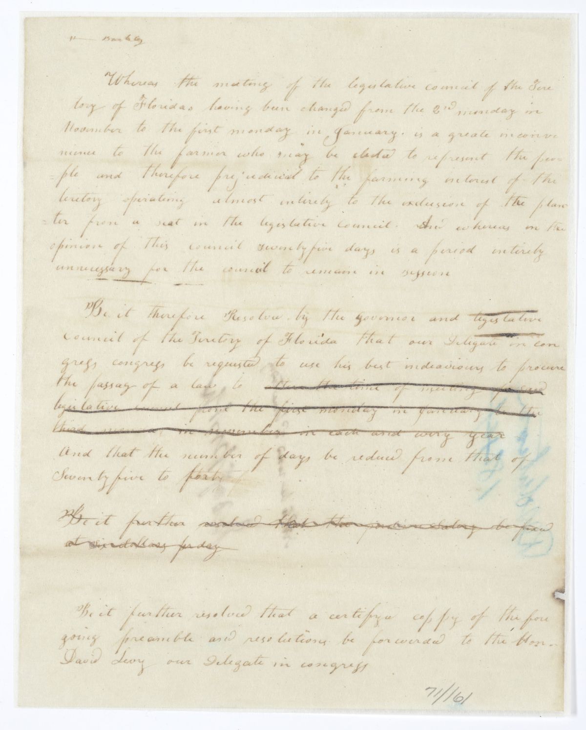 Resolution Directing the Florida Delegate in Congress to Procure a Law Changing the Time of Sessions of the Territorial Legislative Council, 1844