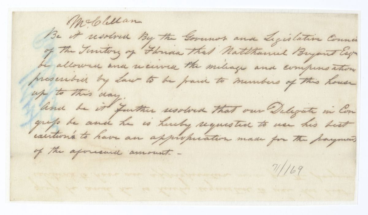 Resolution Directing the Florida Delegate in Congress to Procure an Appropriation for the Compensation of Nathaniel Bryant, circa 1844