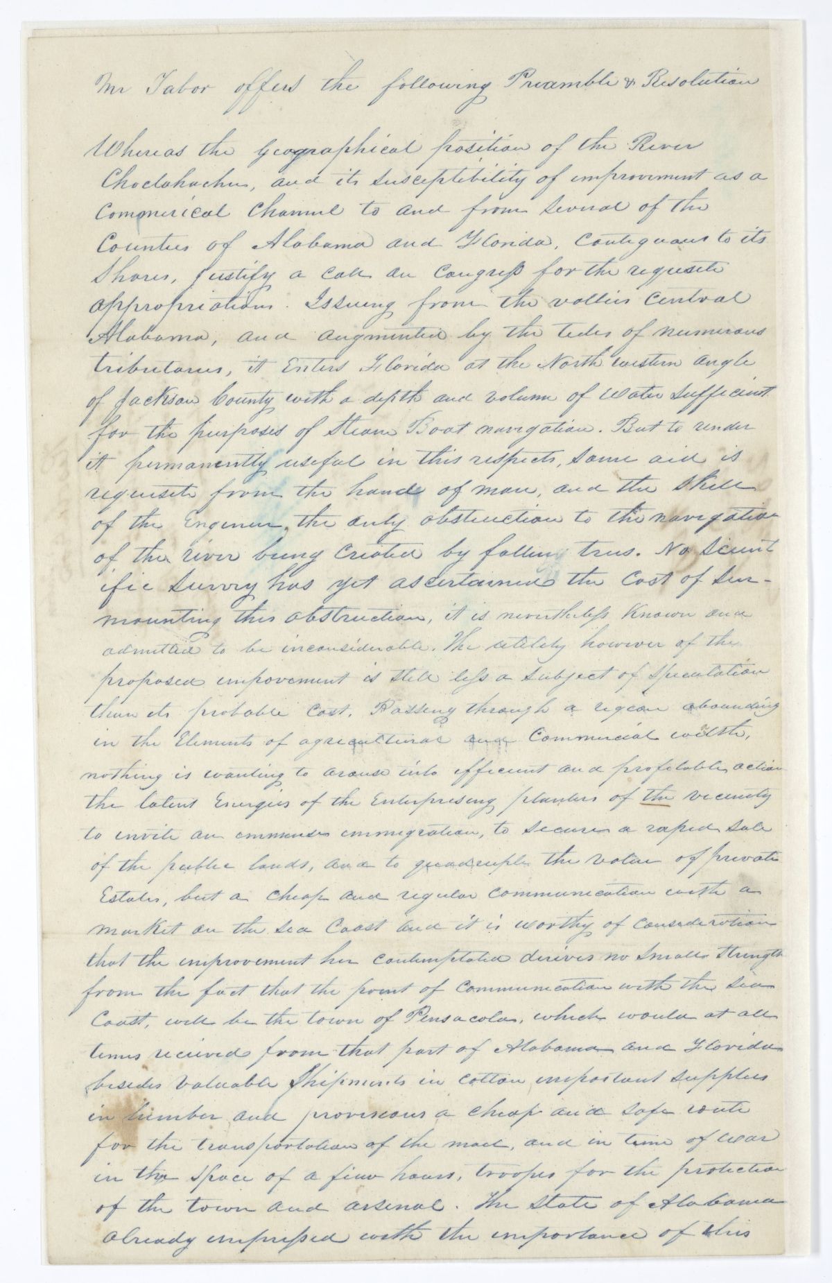 Resolution Directing the Florida Delegate in Congress to Procure an Appropriation for the Clearing of Two Rivers, circa 1844