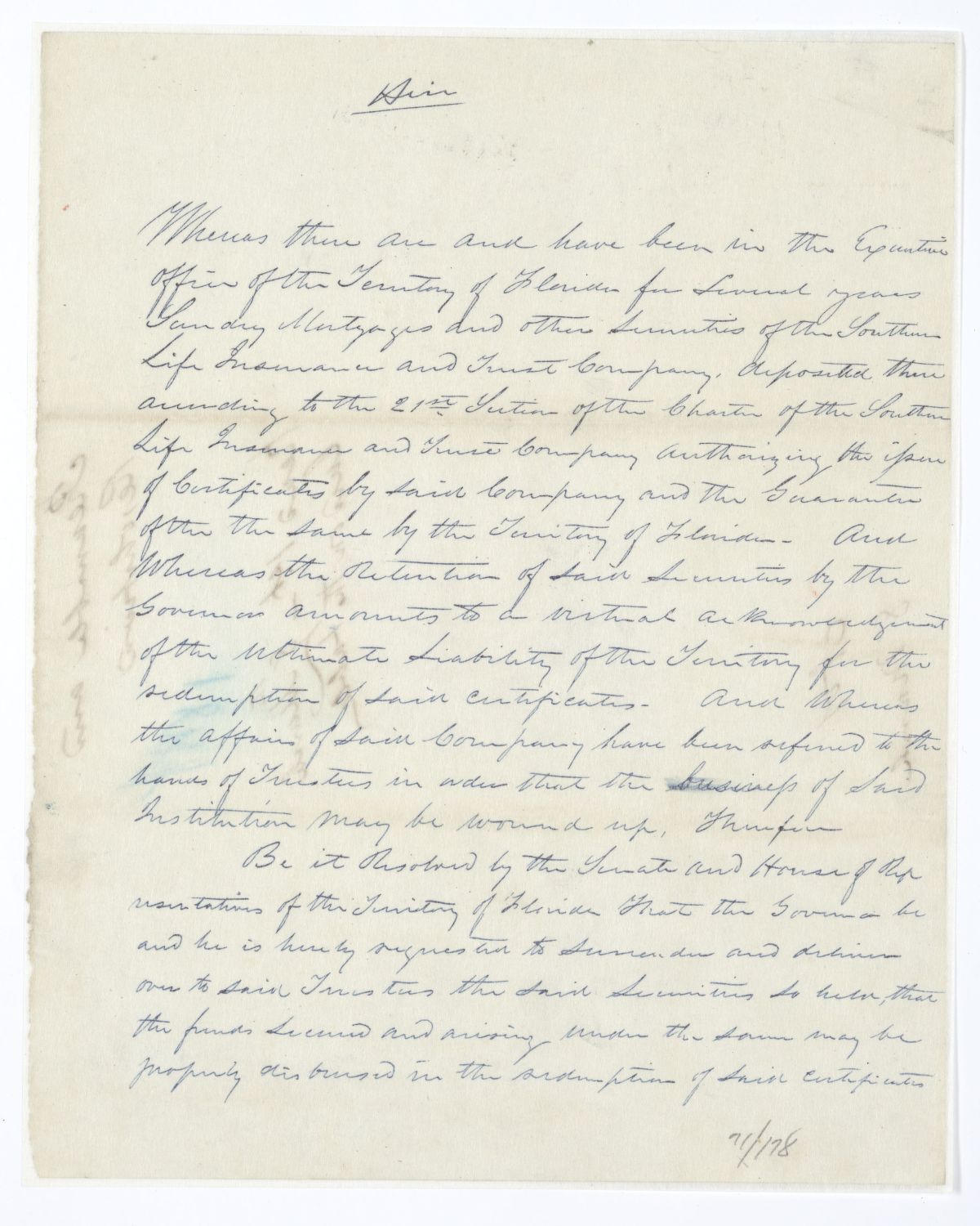 Resolution Requesting that the Governor Return Certain Securities to the Trustees of the Southern Life Insurance and Trust Company, circa 1844