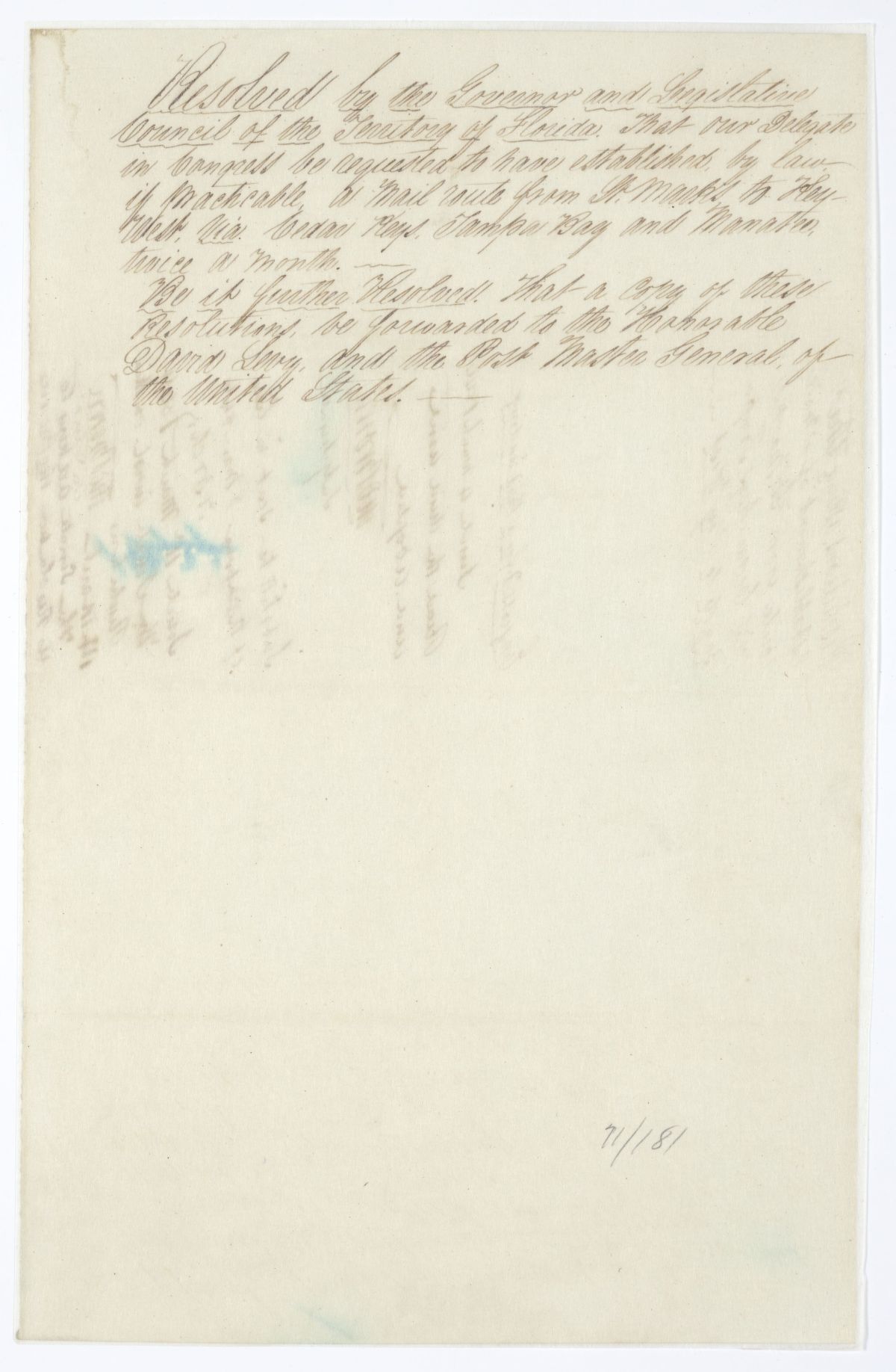 Resolution Directing the Florida Delegate in Congress to Lobby for a Mail Route from Saint Marks to Key West, 1844