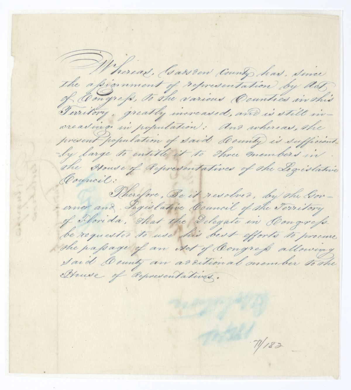 Resolution Directing the Florida Delegate in Congress to Procure a Law Allowing Gadsden County Additional Representation, circa 1844