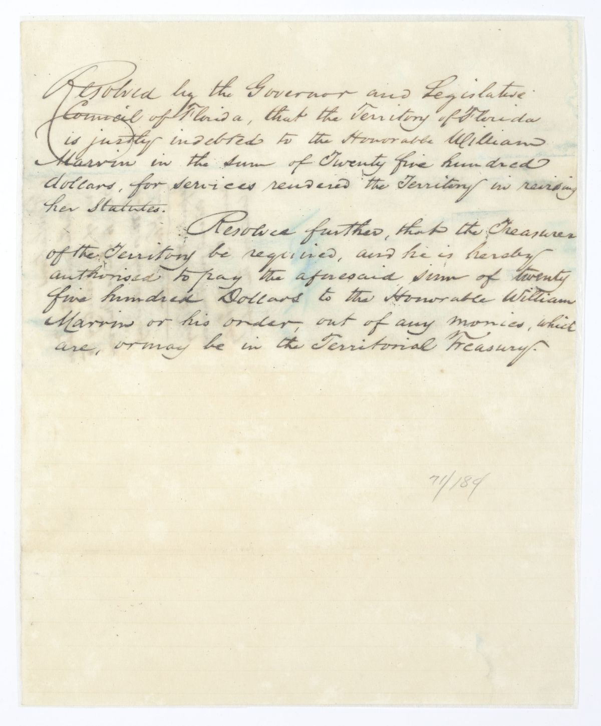 Resolution Directing the Territorial Treasurer to Pay William Marvin for His Services Revising the Statutes, circa 1844