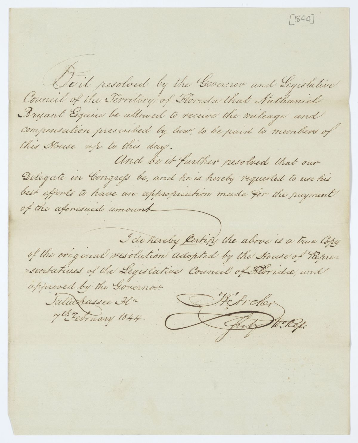 Copy of a Resolution Directing the Florida Delegate in Congress to Procure an Appropriation for the Compensation of Nathaniel Bryant, 1844