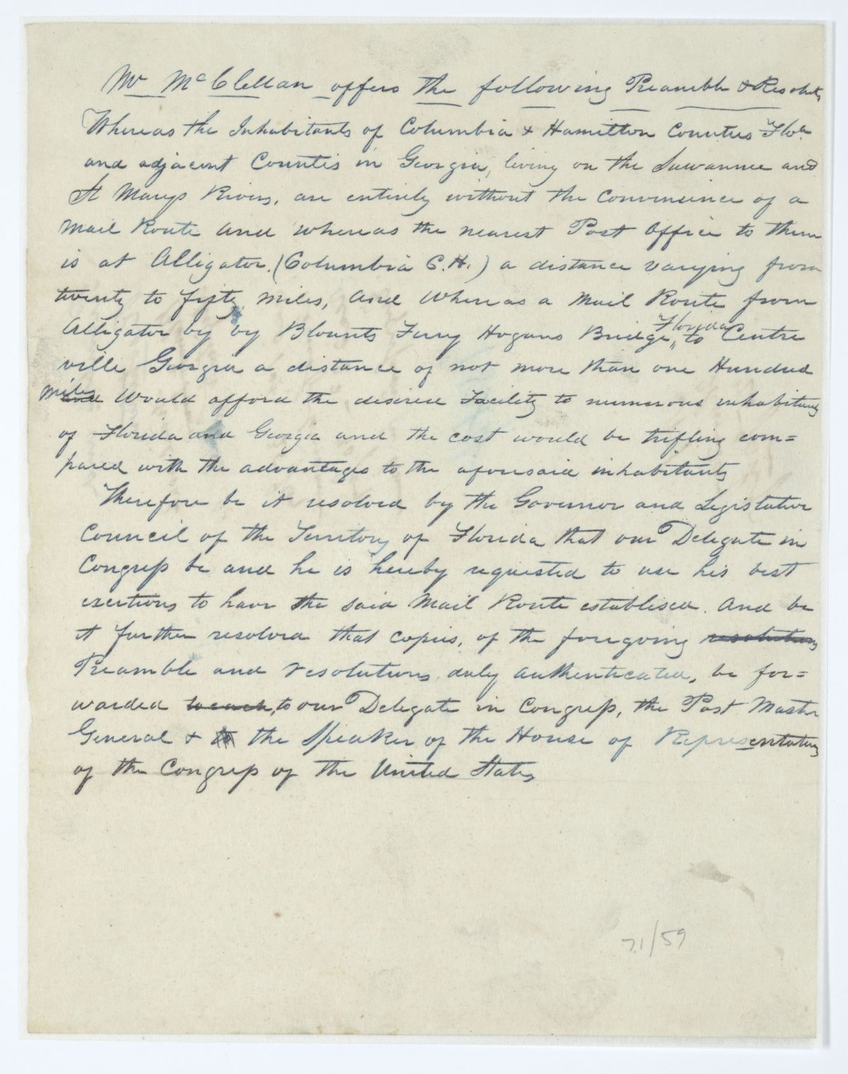 Resolution Directing the Florida Delegate in Congress to Lobby for a Mail Route from Alligator to Centerville, circa 1844