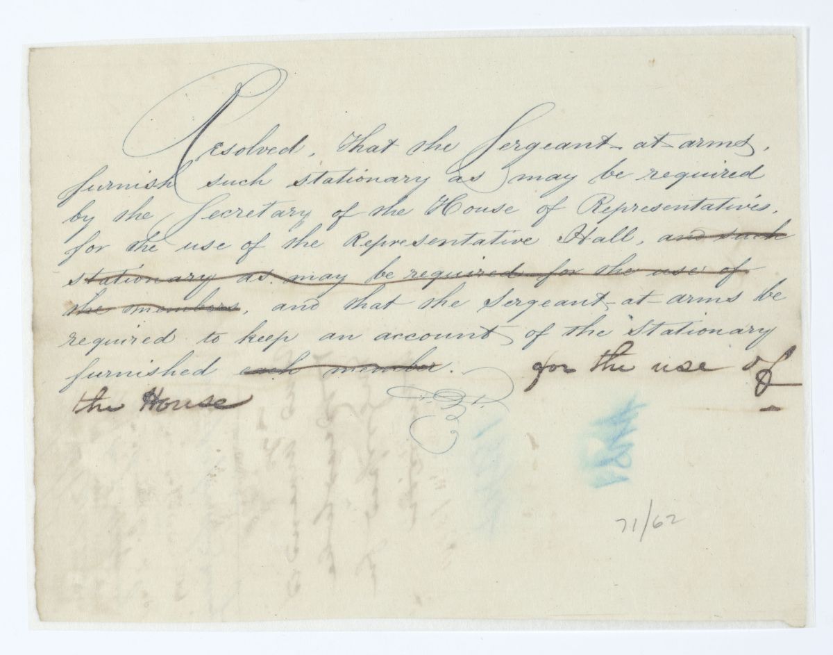 Resolution Directing the Sergeant at Arms to Furnish Stationery to the Secretary of the House of Representatives, circa 1844