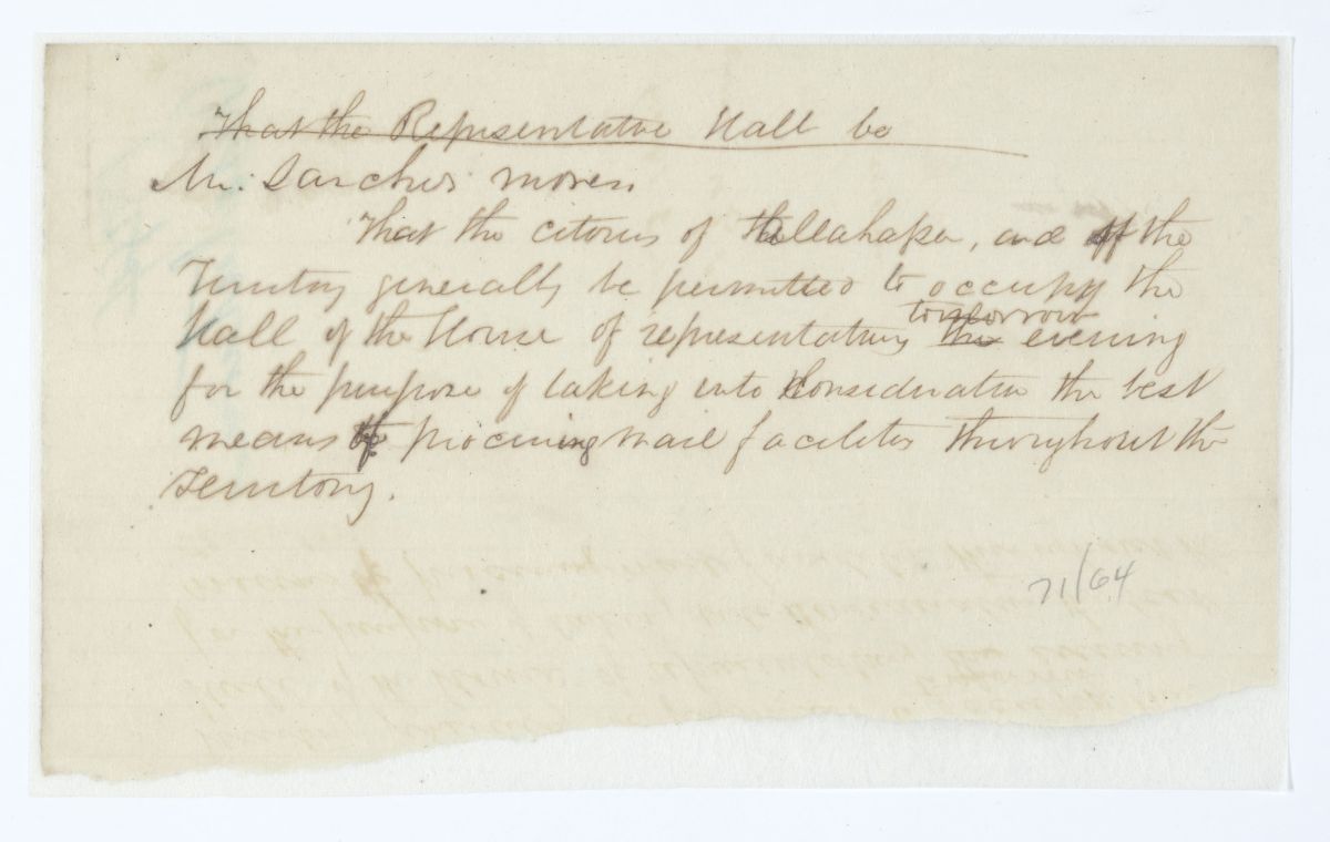 Motion to Allow Citizens of the Territory to Occupy Representative Hall to Deliberate Procuring Mail Facilities Throughout the Territory, circa 1844