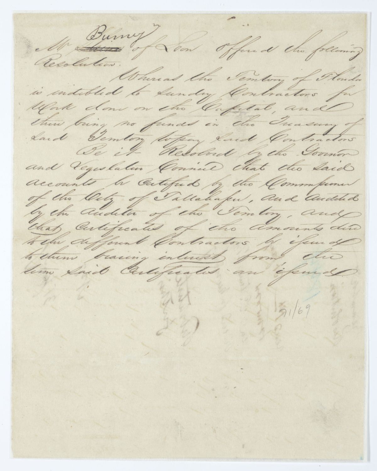 Resolution Requiring the Commissioner of the Tallahassee Fund to Certify Amounts Due to Contractors for Work Done on the Capitol, circa 1844