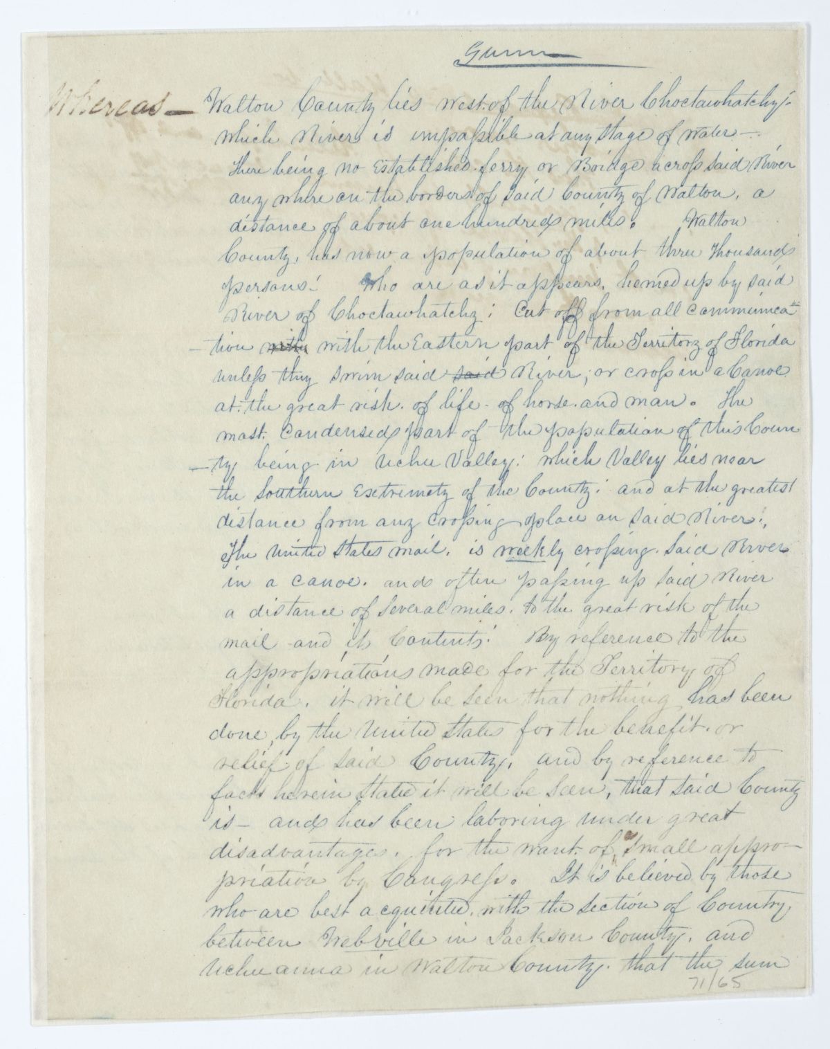 Resolution Directing the Florida Delegate in Congress to Procure an Appropriation for a Road and Bridges from Webbville to Eucheeanna, 1844