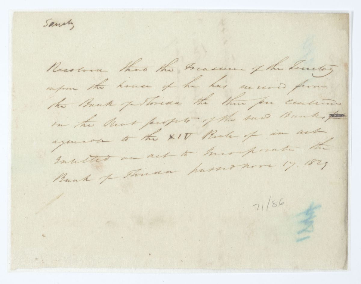 Resolution Directing the Territorial Treasurer to Provide Information on the Bank of Florida, 1844