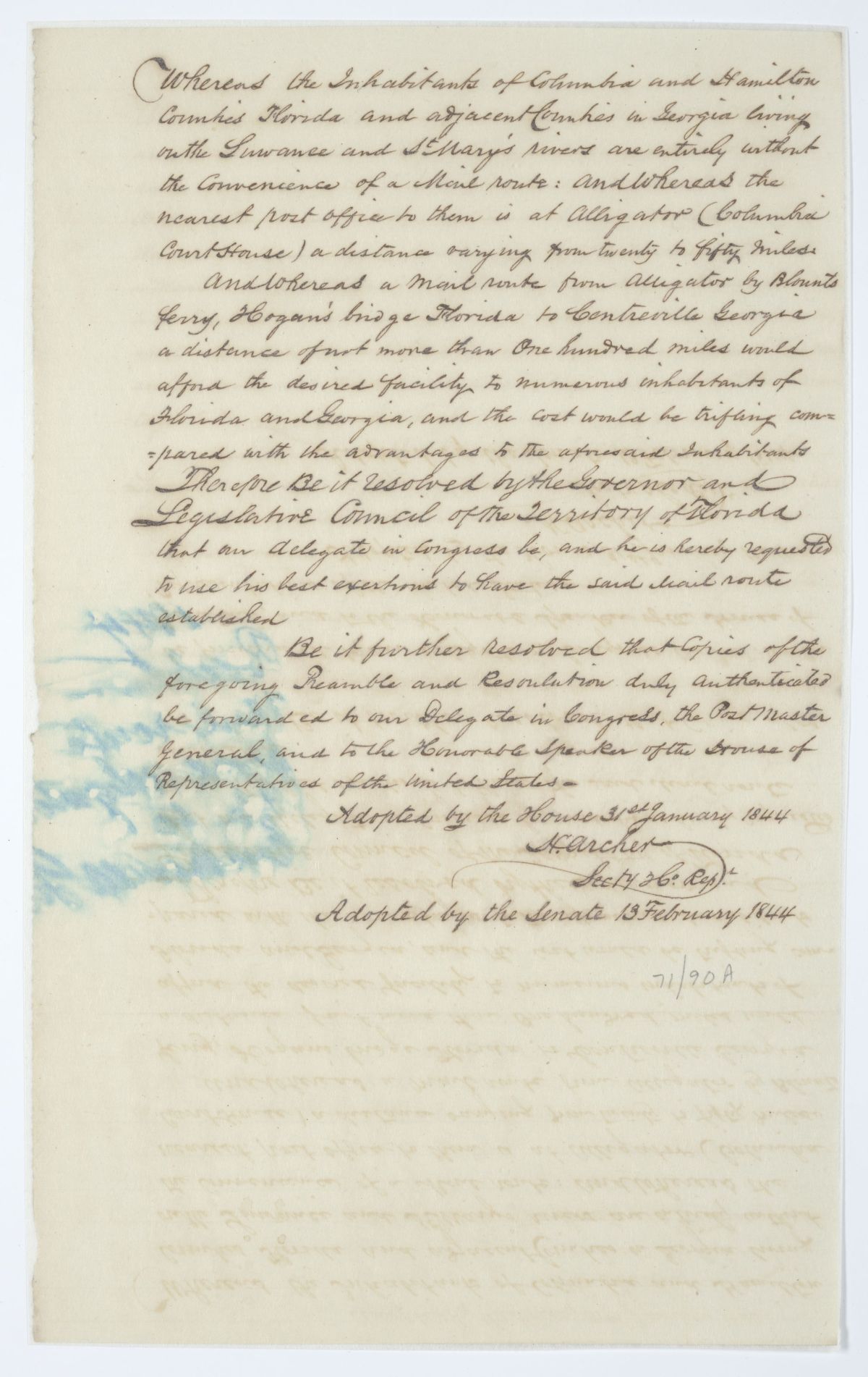 Resolution Directing the Florida Delegate in Congress to Lobby for a Mail Route Between Alligator and Centerville, 1844