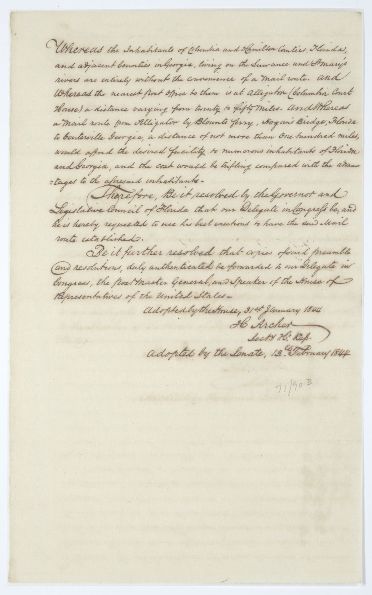 Resolution Directing the Florida Delegate in Congress to Lobby for a Mail Route Between Alligator and Centerville, 1844