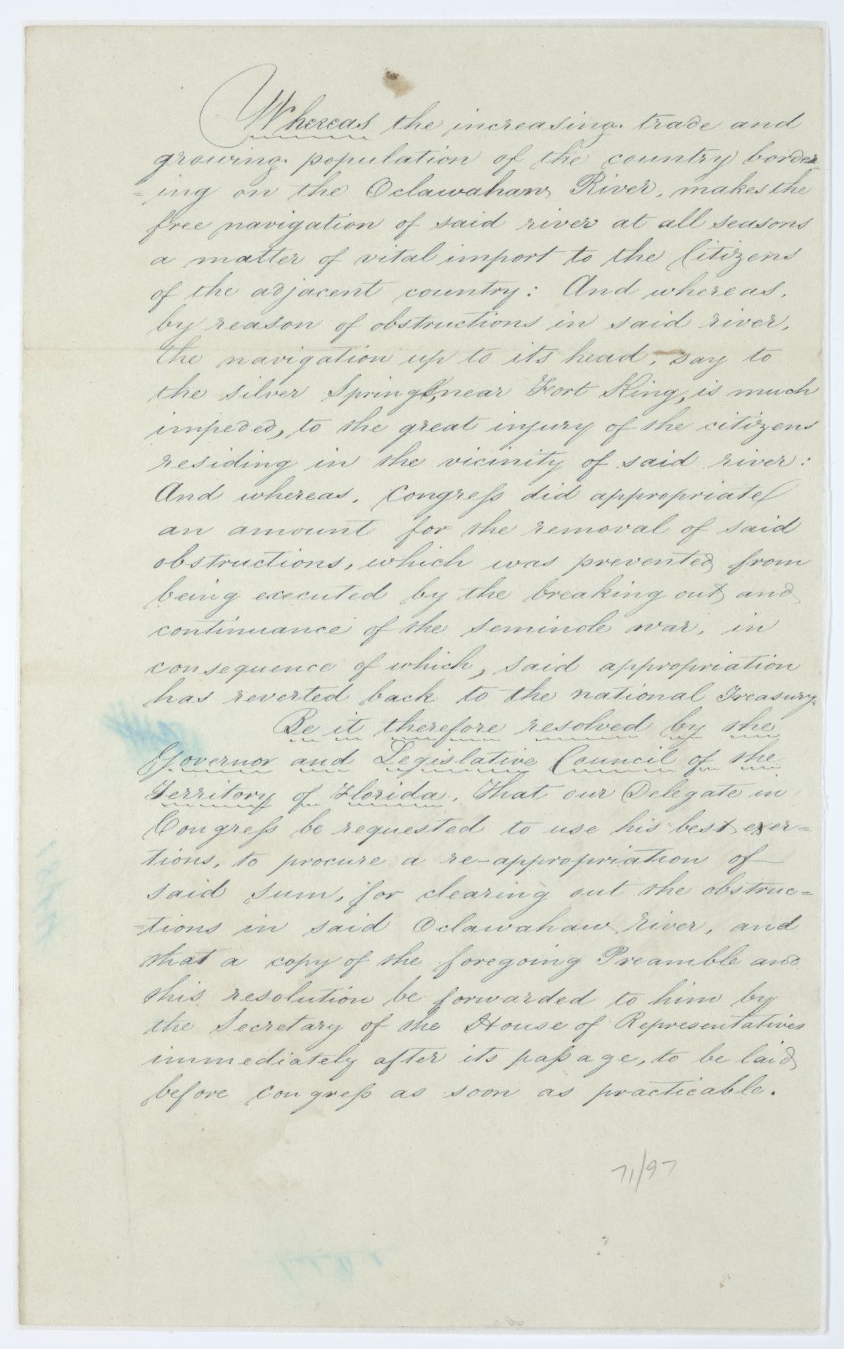 Resolution Directing the Florida Delegate in Congress to Lobby for a Reappropriation for the Clearing of the Ocklawaha River, 1844