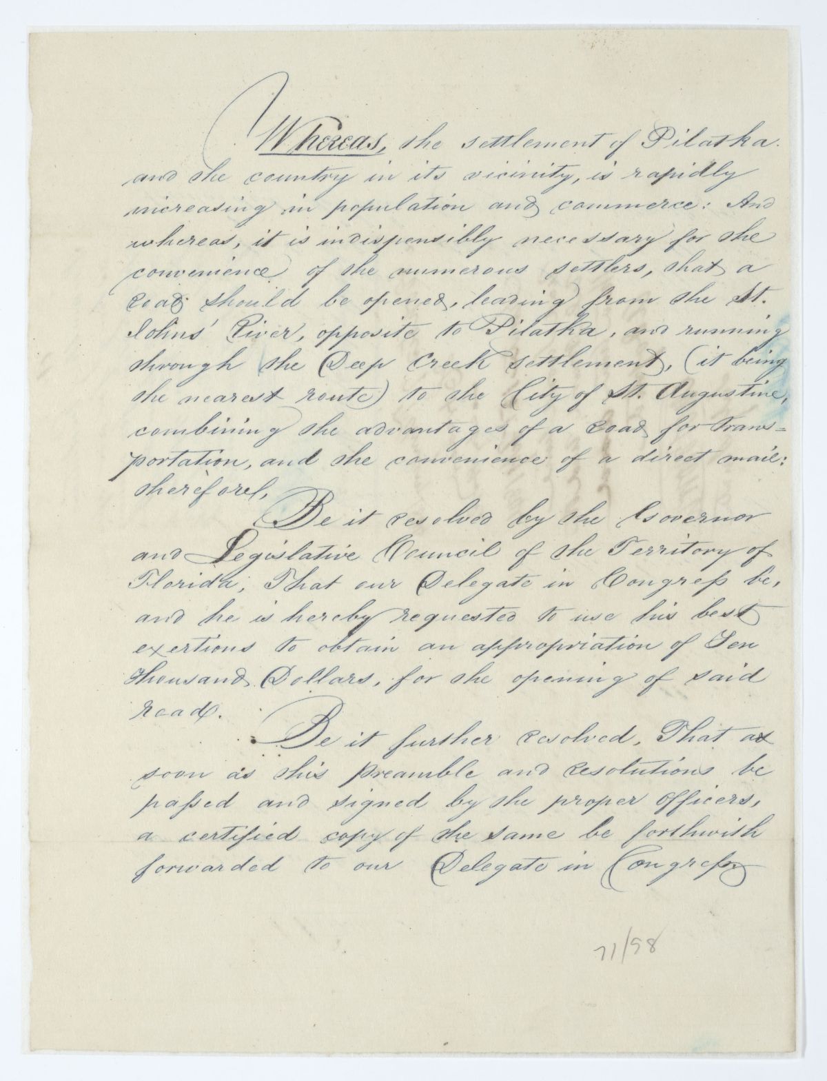 Resolution Directing the Florida Delegate in Congress to Procure an Appropriation for a Road from Palatka to Saint Augustine, 1844