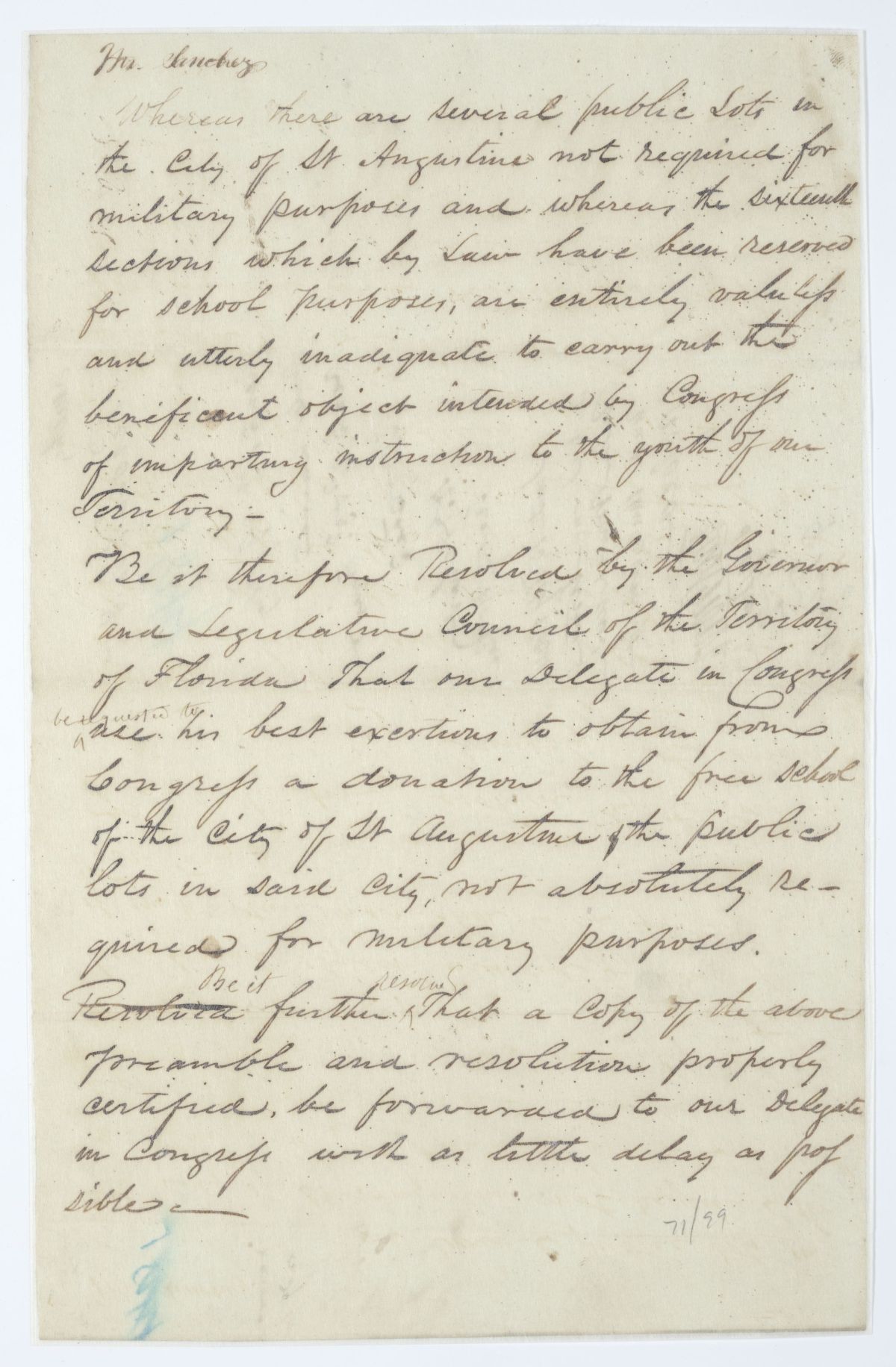 Resolution Directing the Florida Delegate in Congress to Procure a Donation of Public Lots to the Free School of Saint Augustine, 1844