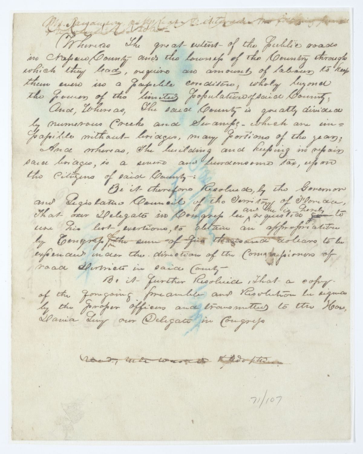 Resolution Directing the Florida Delegate in Congress to Procure an Appropriation for Bridge and Road Repair in Nassau County, circa 1844