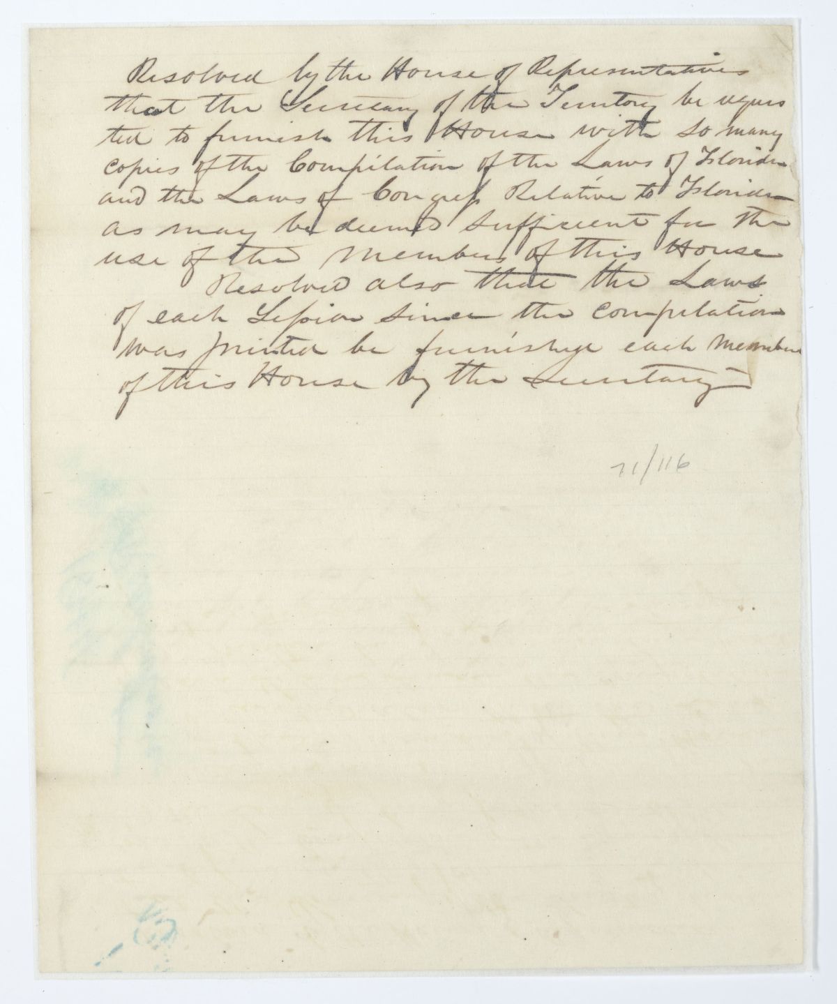 Resolution Directing the Secretary of the Territory to Provide the House with Copies of Certain Laws, circa 1844