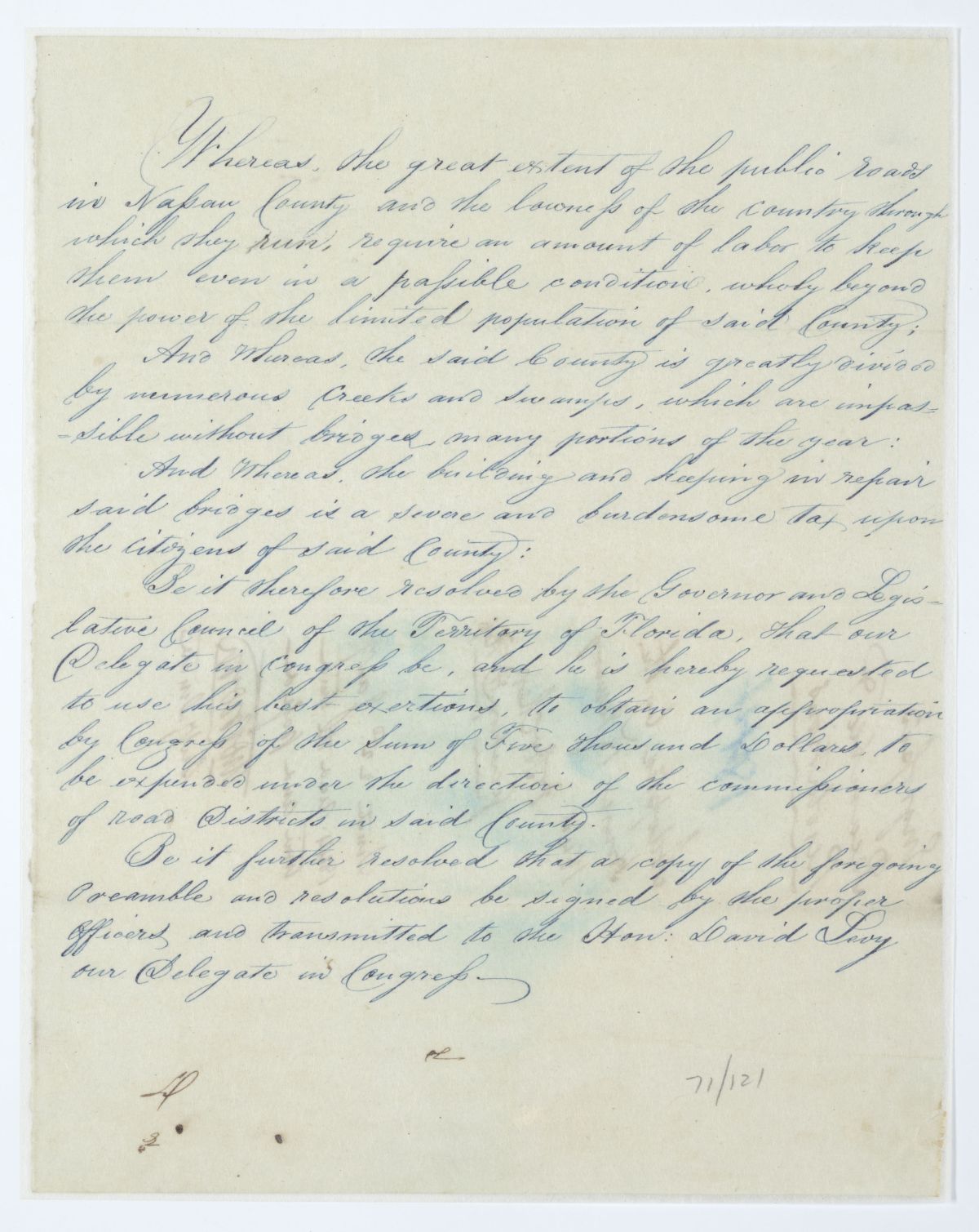 Resolution Directing the Florida Delegate in Congress to Procure an Appropriation for Bridge and Road Repair in Nassau County, 1844