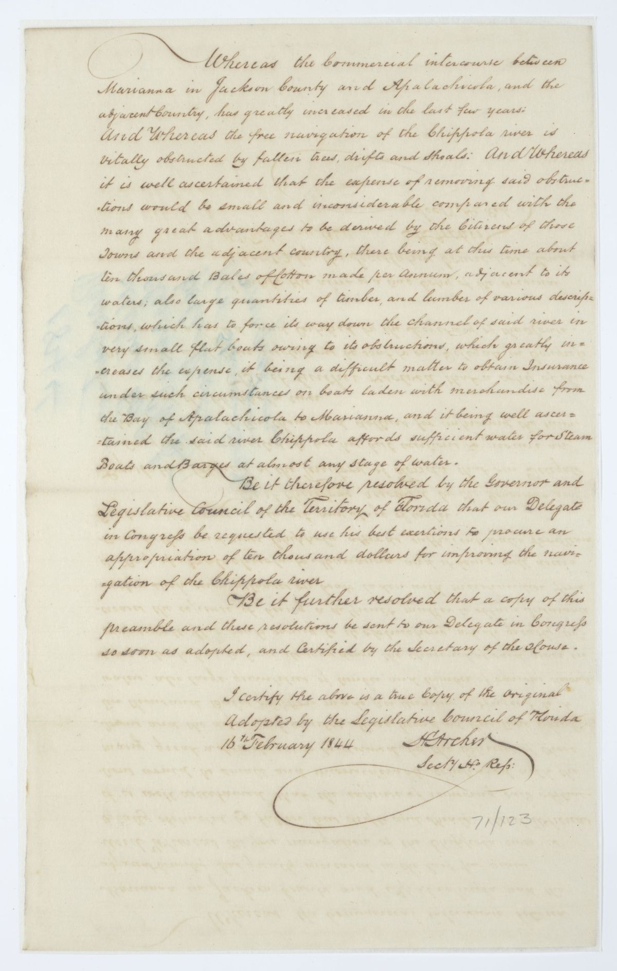 Copy of a Resolution Directing the Florida Delegate in Congress to Procure an Appropriation for the Clearing of the Chipola River, 1844