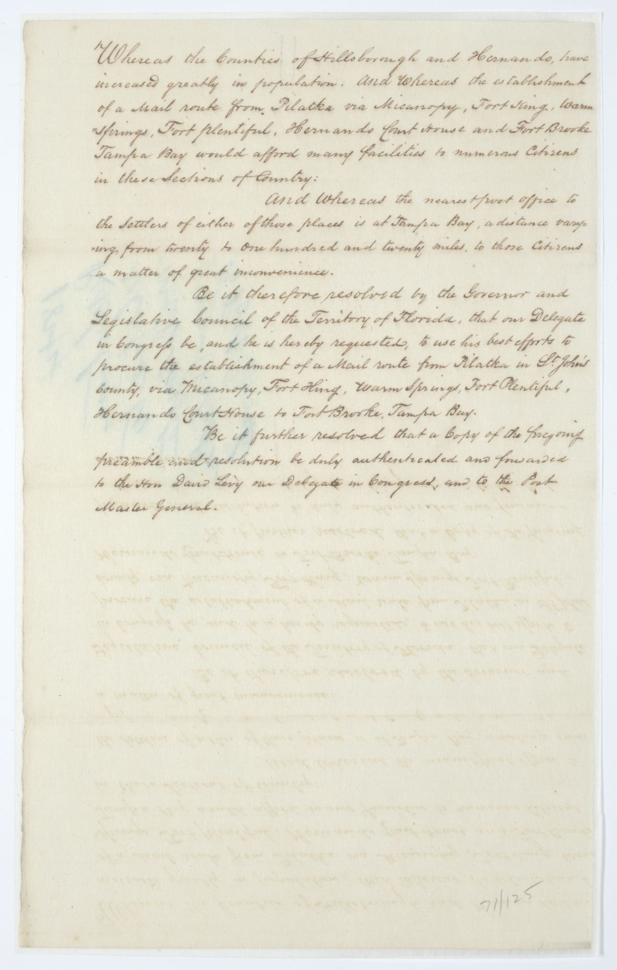 Resolution Directing the Florida Delegate in Congress to Lobby for a Mail Route Between Palatka and Tampa Bay, circa 1844