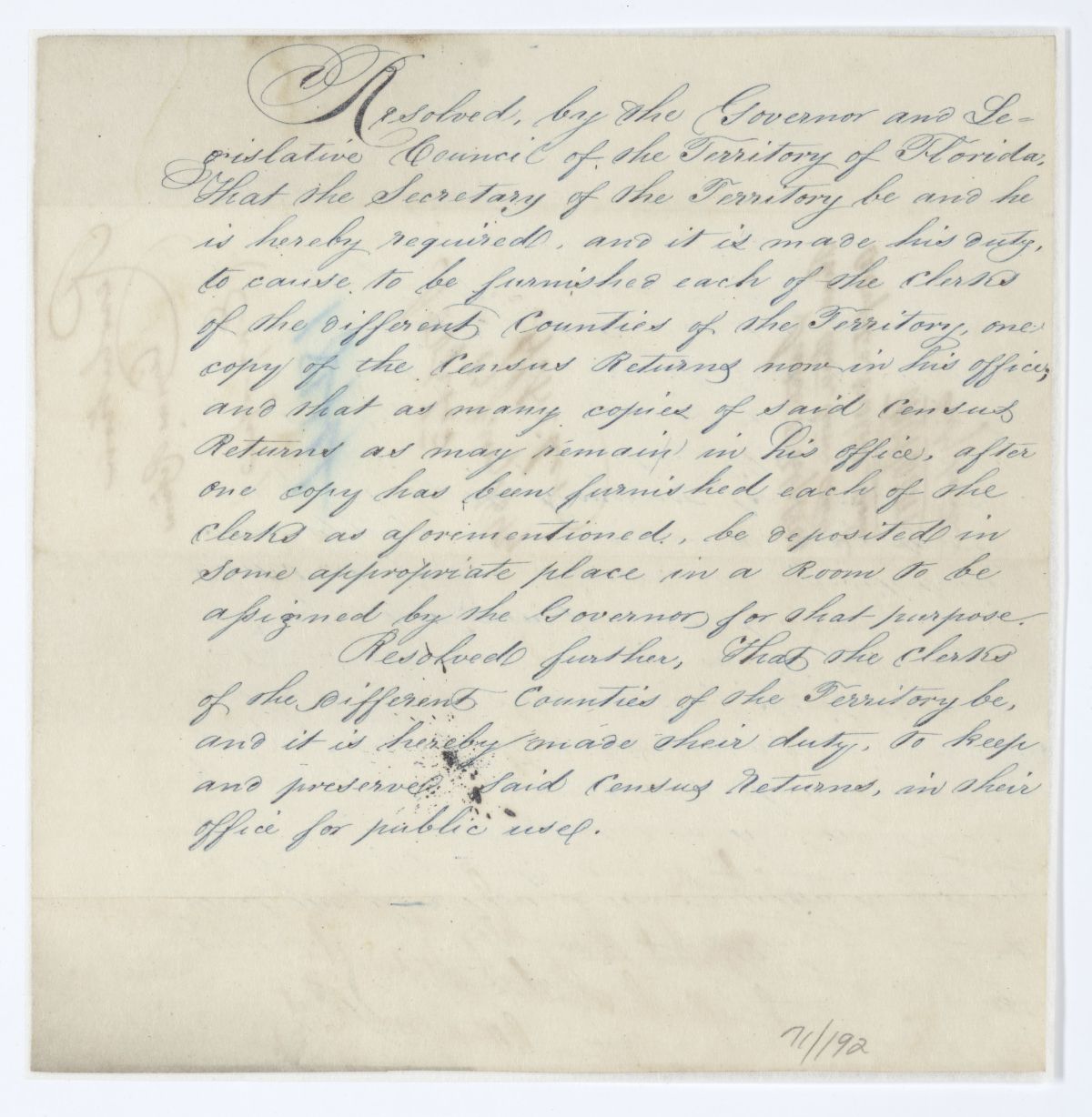 Resolution Directing the Secretary of the Territory to Provide County Clerks with Copies of the Census Returns, 1844