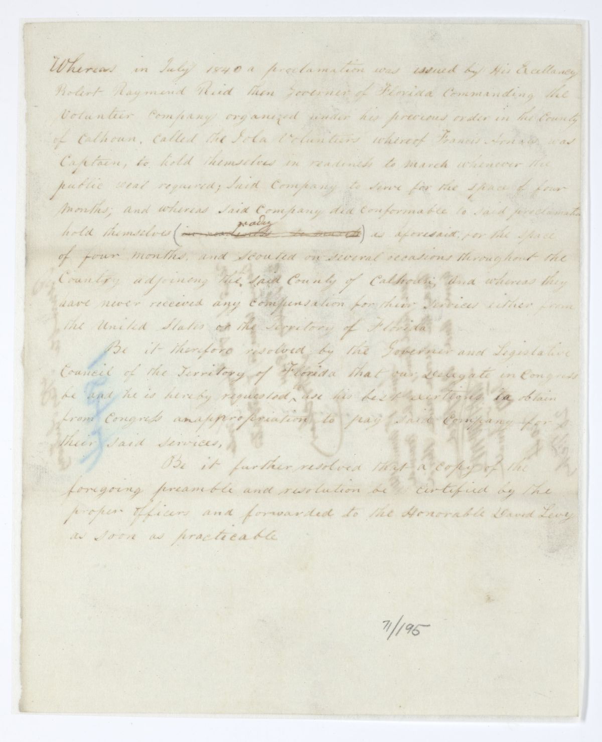 Resolution Directing the Florida Delegate in Congress to Procure an Appropriation for the Compensation of the Iola Volunteers, 1844