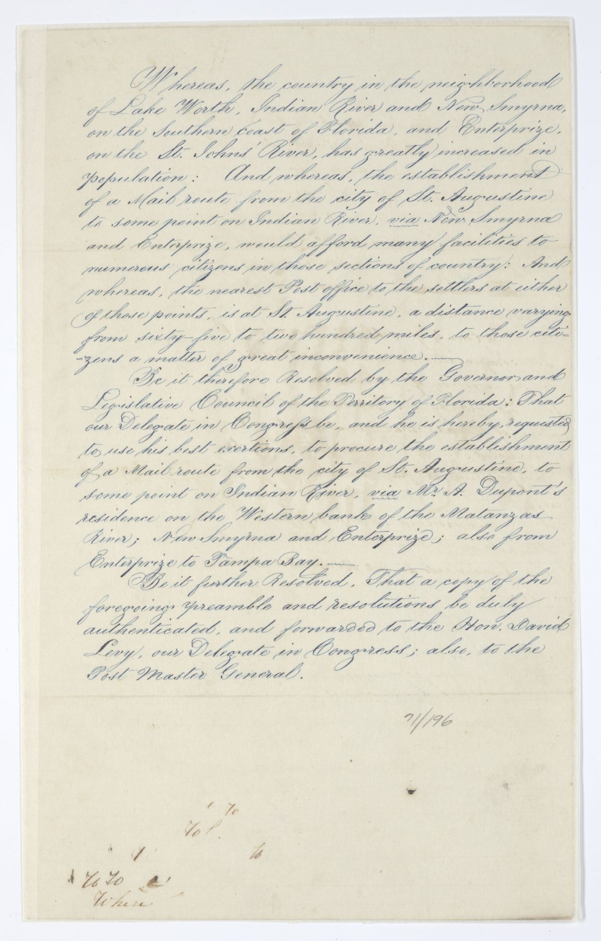 Resolution Directing the Florida Delegate in Congress to Lobby for a Mail Route from Saint Augustine to Some Point on Indian River, 1844