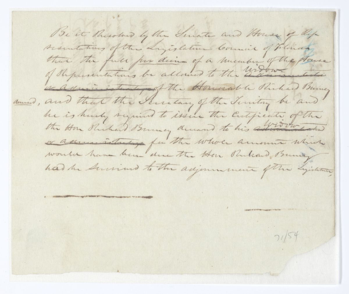 Resolution Allowing the Widow of Richard Burney to Have the Full Per Diem of Her Deceased Husband, 1844