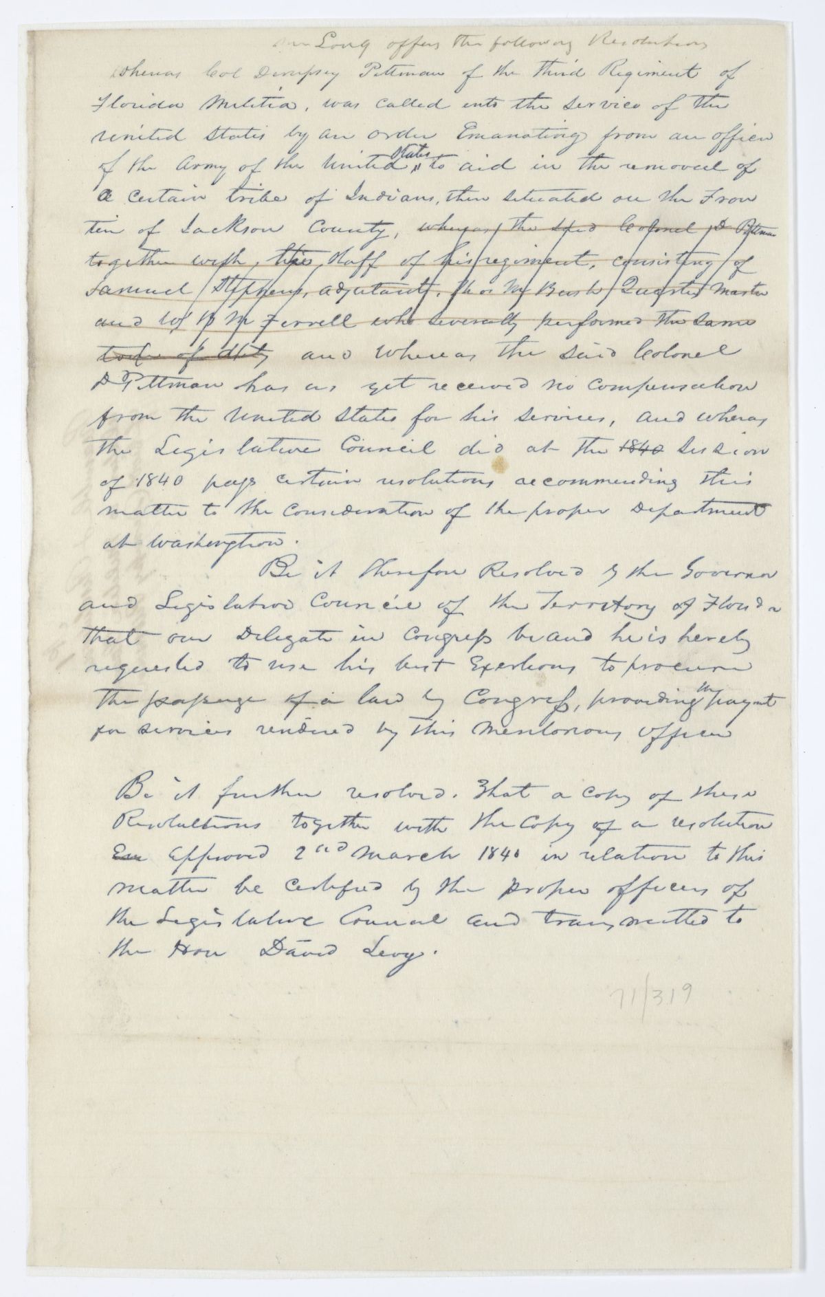 Resolution Directing the Florida Delegate in Congress to Procure a Law to Compensate Colonel Dempsey Pittman, 1844