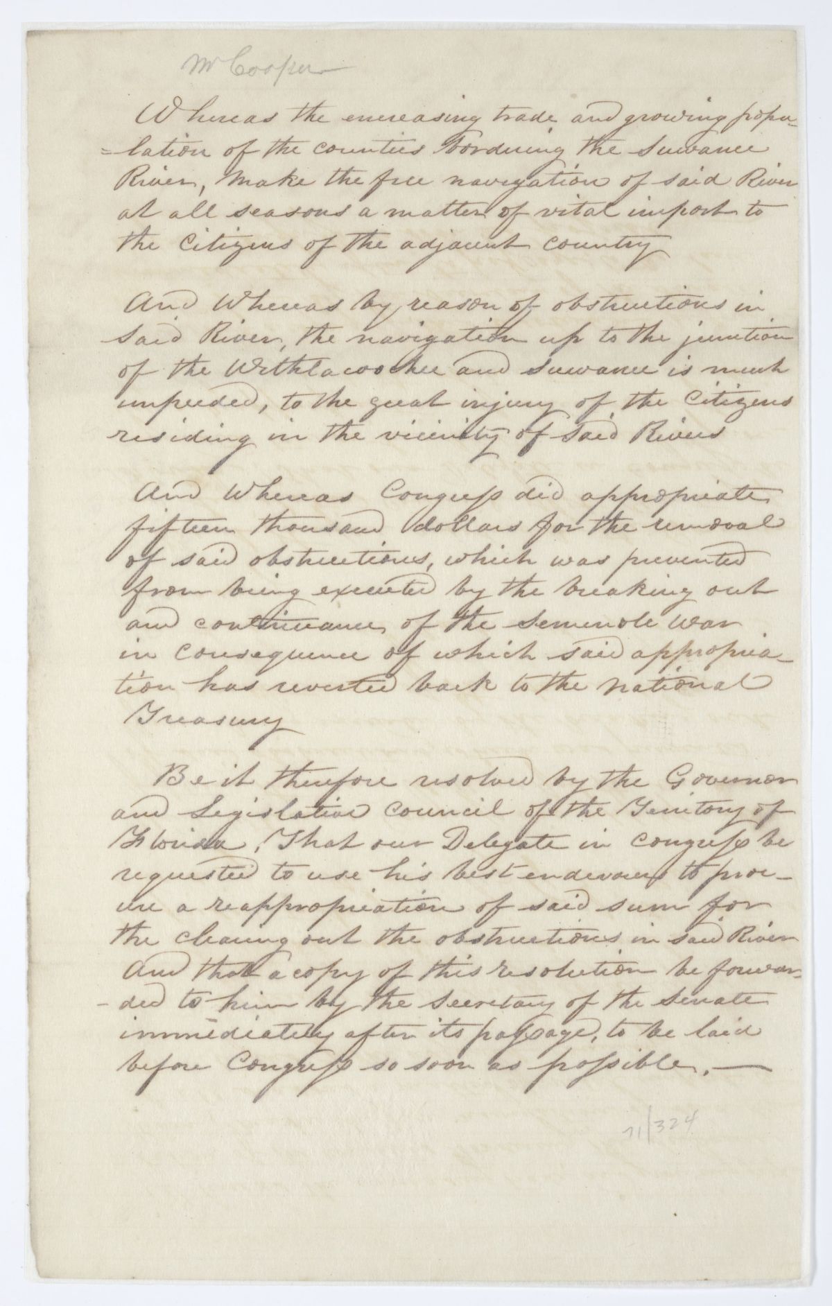 Resolution Directing the Florida Delegate in Congress to Procure a Reappropriation for the Clearing of the Suwannee River, 1844