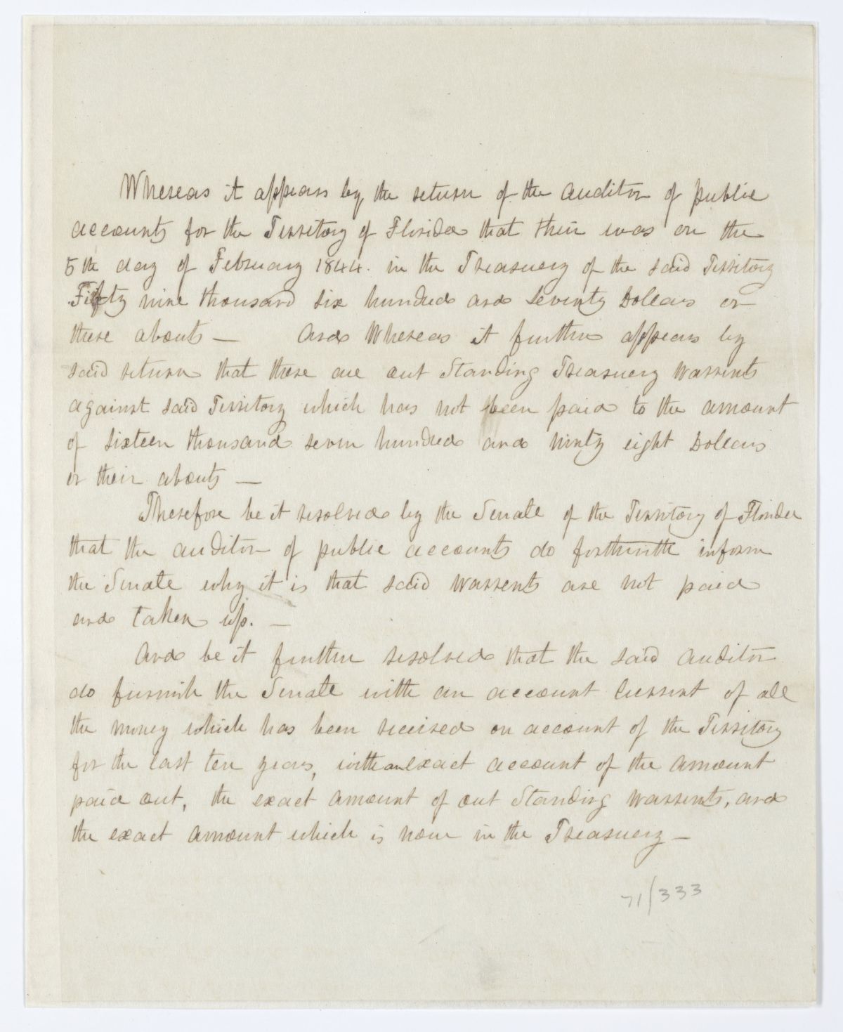 Resolution Directing the Auditor to Inform the Senate on the Status of Certain Warrants and to Provide an Account Current, circa 1844