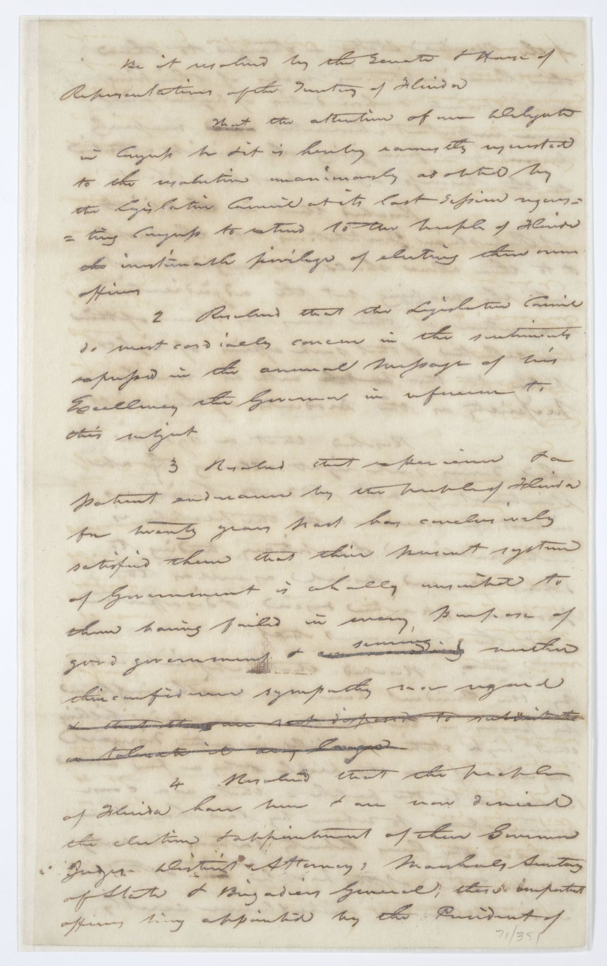 Resolution Directing the Florida Delegate in Congress to Present a Resolution Regarding the Election of Public Officers to Congress, circa 1844