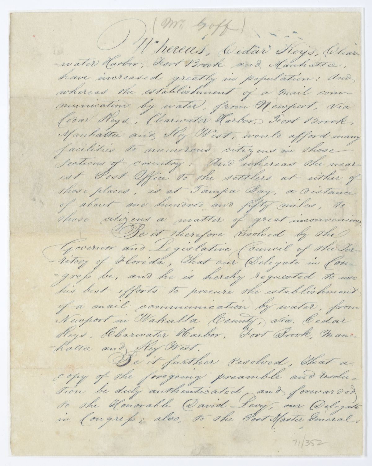 Resolution Directing the Florida Delegate in Congress to Lobby for a Mail Route from Newport to Key West, circa 1844